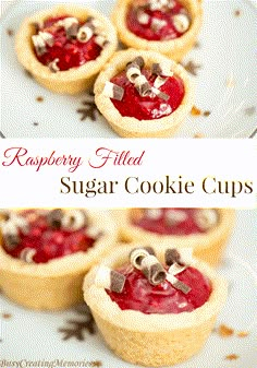 raspberry filled sugar cookie cups on a white plate with the title above it