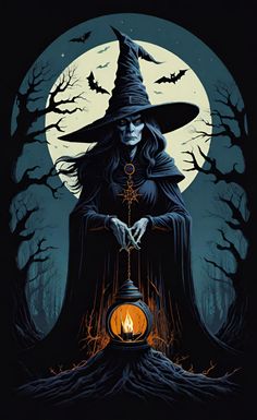 a witch holding a lantern in front of a full moon