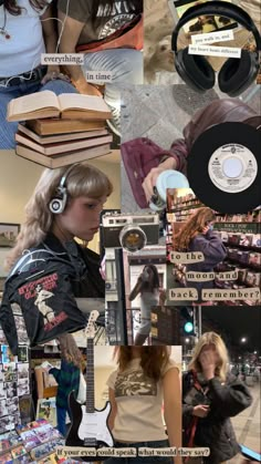 a collage of various images with headphones, books and other things in them