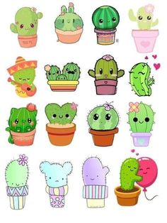 a bunch of different kinds of cactus in potted plants with hearts on their chests