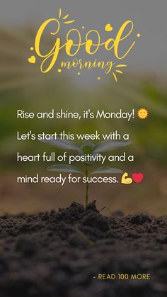 a small plant growing out of dirt with the words good morning on it and an image of