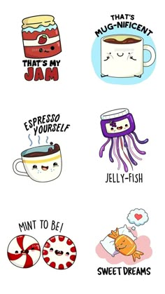 some stickers with different types of food and drinks on them that say i love you