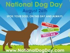 a poster for national dog day with a brown dog standing in front of a street sign