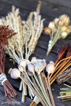 dried flowers are laid out on a wooden table with the stems still attached to them