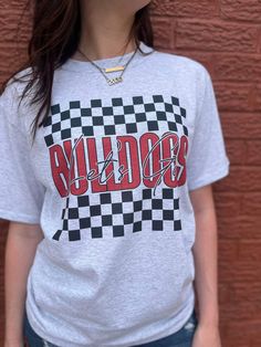 Checkered Custom Mascot Tee-ASK Apparel LLC Softball Tank Tops, School Spirit Shirts, Cheer Shirts, School Event, Dance Shirts, Name Patches, Spirit Shirts, Fits Clothes, Vinyl Shirts