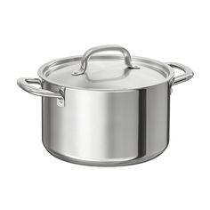 a stainless steel pot with lid on a white background