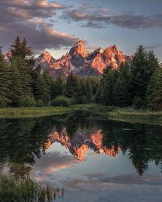 a mountain range is reflected in the still water of a lake with pine trees around it