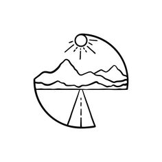 a black and white drawing of a mountain with sun coming out from it's top