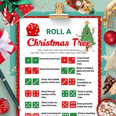 a christmas tree game with dices and presents around it