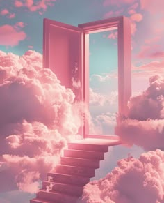 an open door in the sky with stairs leading up to it's exit into clouds