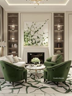 a living room with two green chairs and a white coffee table in front of a fireplace