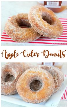 apple cider donuts on a plate with apples in the background and text overlay