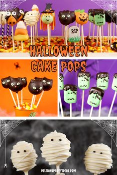 halloween cake pops with spooky eyes and faces on them