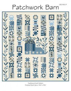 the pattern for patchwork barn is shown in blue and white, with an image of a