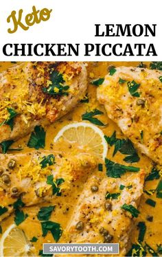 chicken piccata with lemons and herbs in a white sauce on a plate