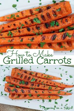 grilled carrots on a white plate with parsley garnish and text overlay