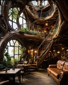 a living room filled with lots of wooden furniture and trees growing out of the walls