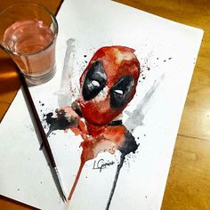 a watercolor drawing of a deadpool character next to a glass of liquid on a table