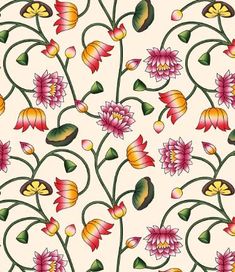 a flower pattern with many different colors and designs on it's petals, including pink flowers