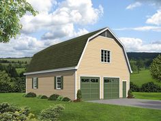 this is an artist's rendering of a two - story garage with attached dormers