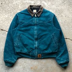 Vintage Carhartt Santa Fe J14 Dtl “Dusty Teal” Dark Teal Blue Jacket. Rare Limited Edition Colorway Only Made A Few Years. Product Is In Excellent Used Condition With Only A Few Small Marks, Sick Fading Makes The Color Pop Even More. #Western #Workwear #Grunge #Y2k #Outdoor Work Classic Casual Warm Fall Winter Spring Duck Canvas Cowboy Farm Ranch West Corduroy Collared Rancher Fade Faded Grungy Quilted Lining Vintage Carhartt Detroit Jacket Outfit, Carhartt Mens Jacket, Western Workwear, Camo Carhartt Jackets, Vintage Carhartt Hoodie, Faded Carhartt Jacket, Vintage Carhartt Jacket, Guys Fashion Casual, Dusty Teal