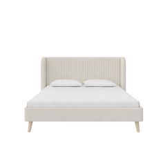 the bed frame is made up with white sheets and pillows, but no headboard