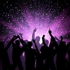 silhouettes of people dancing in front of purple and black lights with stars on the background