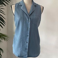 New With Tags - Sleeveless Button Up Jean Shirt Very Stylish Sleeveless Button Up, Puffy Sleeve Shirt, Cream Silk Blouse, Jean Shirt, Oversized Tunic, Puff Long Sleeves, Denim Button Down, Dress Shirts For Women, Dresses Outfits