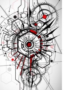 an abstract image with red circles and black lines