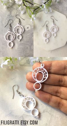 If you love minimalist statement earrings then you must checkout these white earrings with an interesting filigree design. These boho earrings dangle will take you from day to night without weighing you down. Click through to checkout more paper jewelry like this. #whiteearrings #minimalistearrings #statementearrings #paperjewelry #bohoearrings Dainty White Sterling Silver Bridal Earrings, White Wire Wrapped Dangle Hoop Earrings, Adjustable White Wire Wrapped Hoop Earrings, Dainty White Dangle Bridal Earrings, White Wire Wrapped Hoop Earrings Gift, White Wire Wrapped Hoop Earrings As A Gift, Nickel Free White Circle Hoop Earrings, Delicate Handmade White Hoop Earrings, White Round Bohemian Earrings