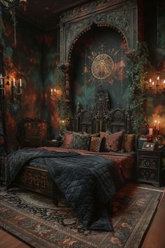 a bedroom with an elaborate bed and chandelier in the corner, surrounded by candles