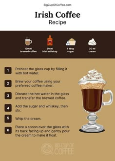 the irish coffee recipe is shown with instructions