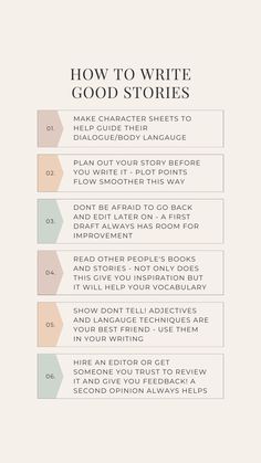 an info sheet with the words how to write good stories on it and other information