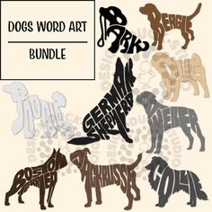 the dog word art bundle is shown in different colors and sizes, including black, brown,