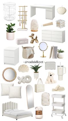 a collage of white furniture and accessories