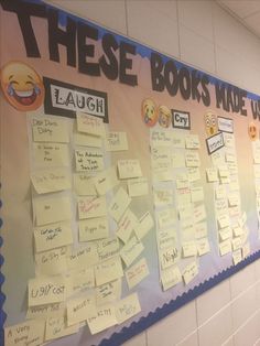 a bulletin board covered in sticky notes and emoticions for books made with love