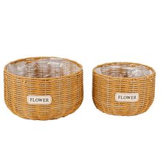 two wicker baskets with labels on the lids for flower and ice creams in them