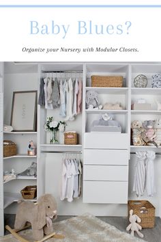 an image of a baby's closet with clothes and toys on the shelves in it