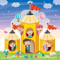 kids playing in a play house with balloons and stars on the sky behind them illustration