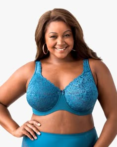 Allover lace and a scalloped trim give this bra a romantic look. Its classic underwire style and full-coverage cups deliver a lifting, supportive fit that looks great under every piece in your closet. This plus-size bra effortlessly combines style and function. Elila Full Cup Lace Underwire Bra | Teal | Intimates | Materials & Care Instructions: 88% Nylon, 12% Spandex, Hand wash, Imported Bra Picture Ideas, Feminine Plus Size, Street Style Plus Size, Plus Size Bras, Pretty Bras, Big Bra, Camisole Bra, Strapless Bralette, Curvy Lingerie