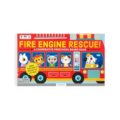 the fire engine rescue board game is shown in red, yellow and blue with animals on it