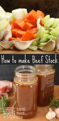 two pictures showing how to make beef stock and what to use it in the recipe