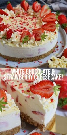 two pictures of cheesecake with strawberries on top and white chocolate and strawberry cheesecake in the middle