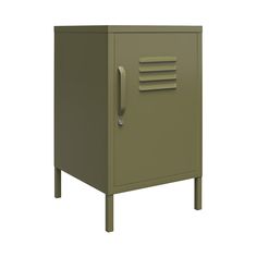 a green metal cabinet with two doors on one side and a drawer on the other