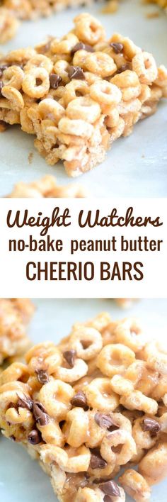 no bake peanut butter cheerio bars are stacked on top of each other and ready to be eaten