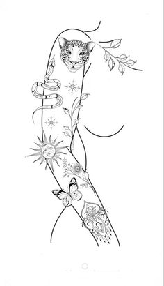 a drawing of a woman's arm with flowers and animals on it, in black and white