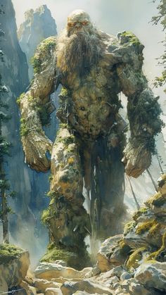 a painting of a giant man standing in the middle of a forest with trees and rocks