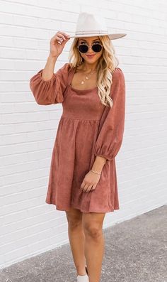 Shoulder Girdle, Dresses Casual Fall, Square Neck Dress, Natural Curves, Suede Fabric, Puffed Sleeves Dress, Brown Dress, Flared Skirt, Classic Silhouette