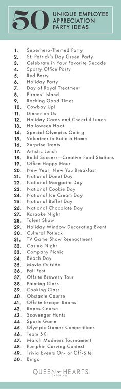 the 50 unique employee activities list is shown in black and white, with an aqua blue background