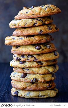 chocolate chip cookies stacked on top of each other